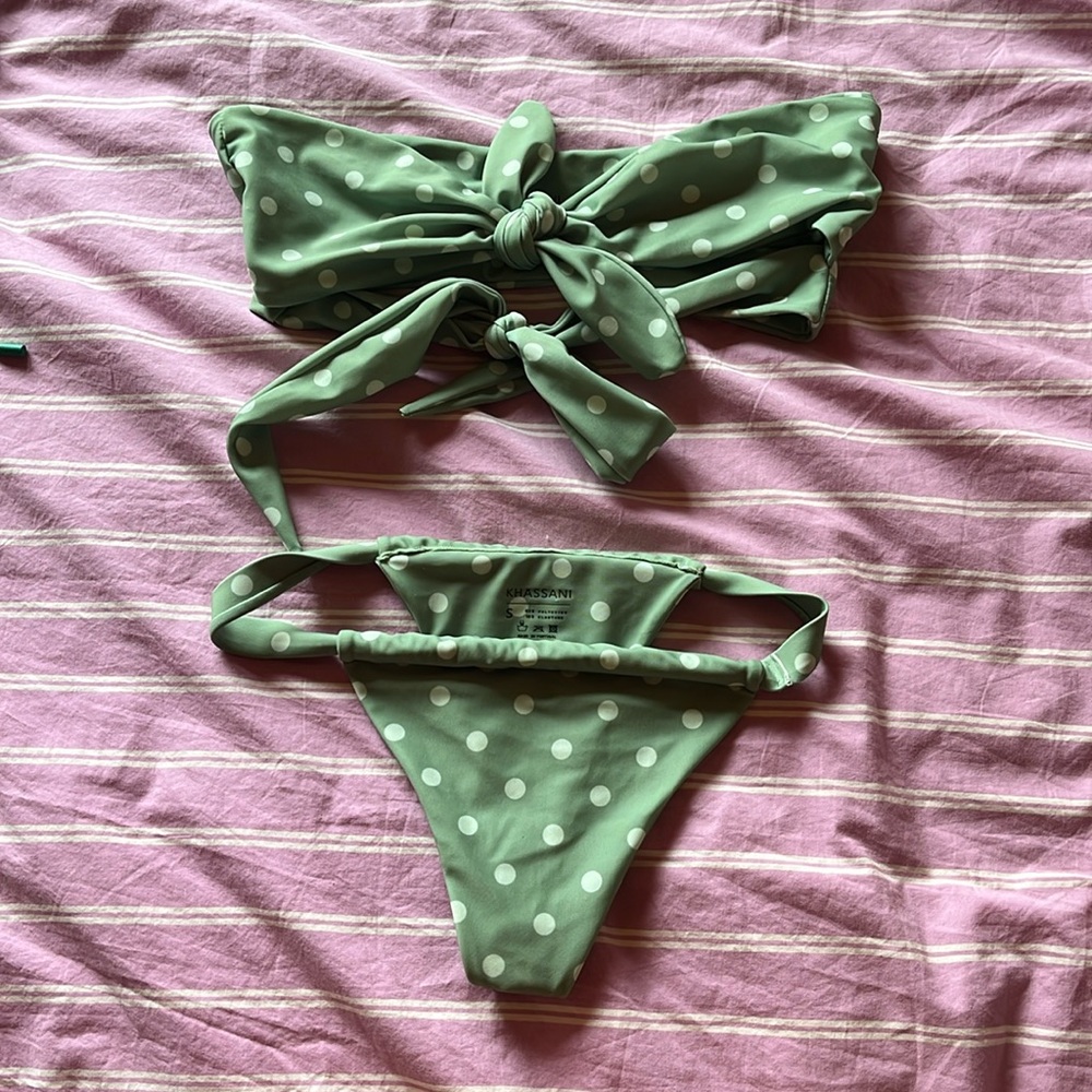 Khassani swim green polka dot bikini in size small